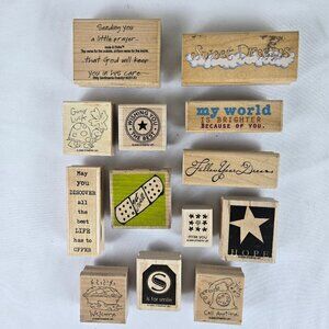 Mixed Brands Bundle of 13 "Sentiment" Stamps Words and Pictures Crafts